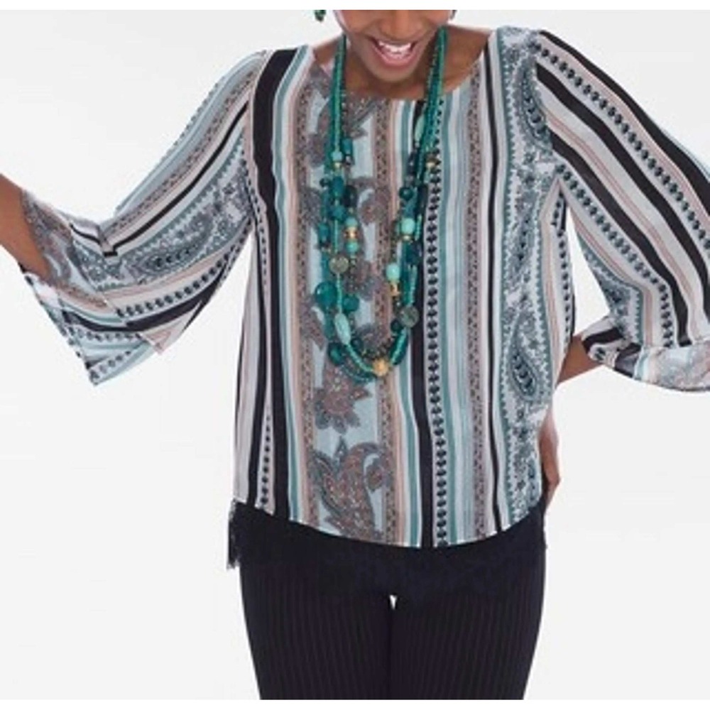 Chico's Paisley Striped Tiered Bell Sleeve Lace Trim Blouse Teal Peach Size 1 M
